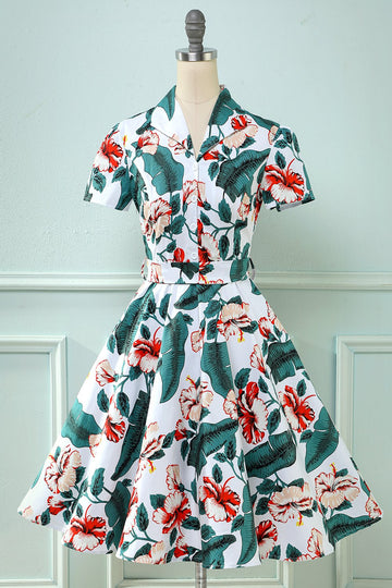 Rétro V Neck Leaf Imprimé Vintage Robe